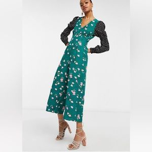 NWOT ASOS double puff sleeve green jumpsuit in mixed floral and dot print S: XL